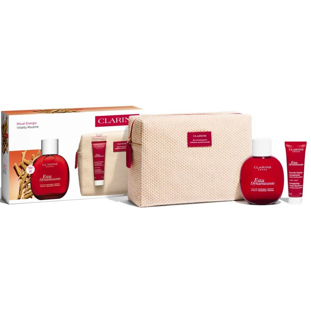 Set Cadou Clarins Energy Ritual Kit Apă Dinamizantă 100 ml + Gel De Duș Eau Dynamisante 30 ml + Poșetă Clarins
