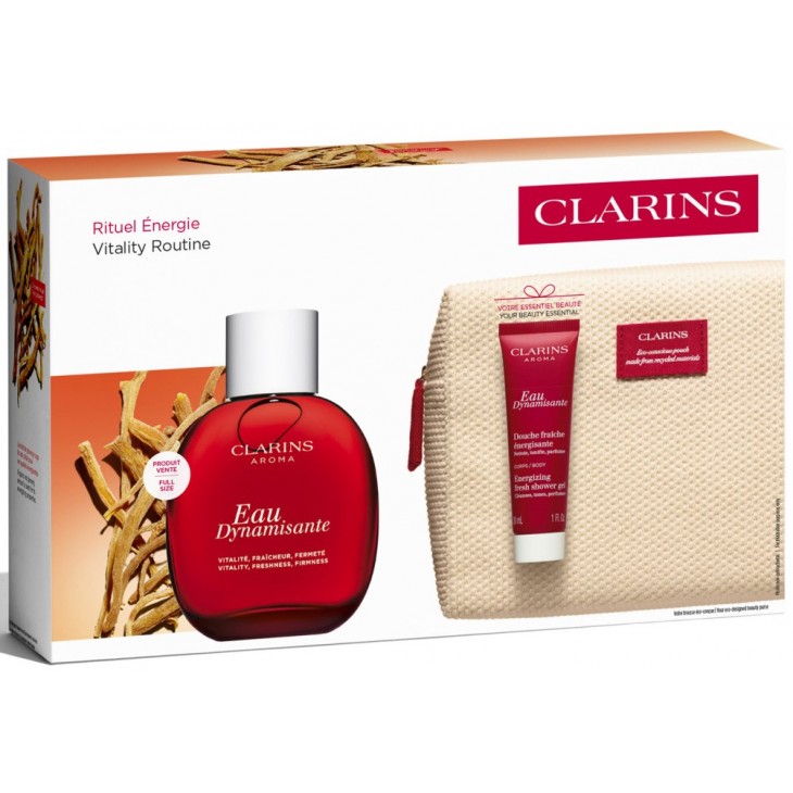 Set Cadou Clarins Energy Ritual Kit Apă Dinamizantă 100 ml + Gel De Duș Eau Dynamisante 30 ml + Poșetă Clarins