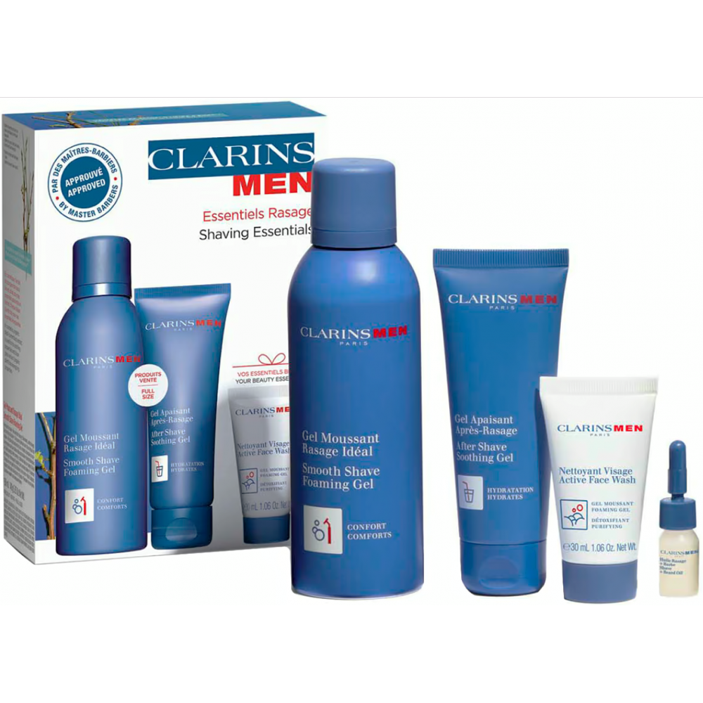 Set Cadou Clarins Essential Rasage Shaving Essential Gel Spumă De Bărbierit 150 ml + After Shave Gel 75 ml + Gel De Curăţare 30 ml + Ulei Pentru Bărbierit + 3 ml