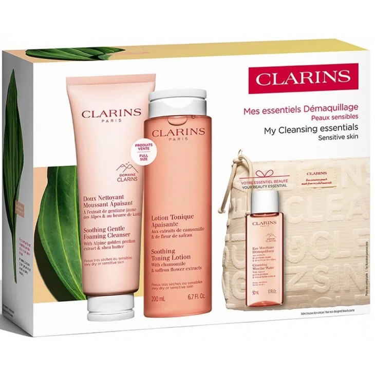 Set Cadou Clarins My Cleansing Essentials Sensitive Skin Demachiant Spumant Delicat 125 ml +  Loțiune Tonifiantă Calmantă 200 ml + Apă Micelară 50 ml + Poșetă Clarins