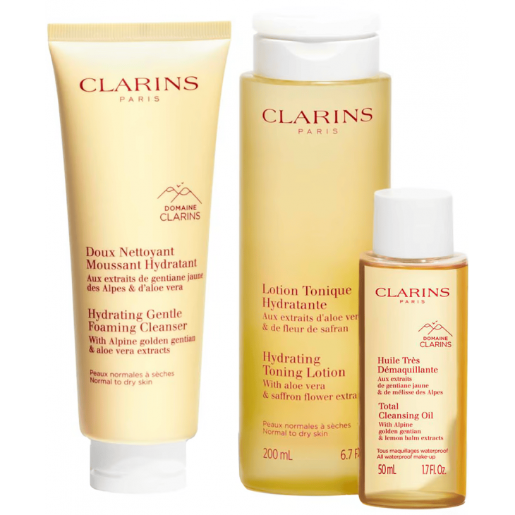 Set Cadou Clarins Cleansing Essentials Normal Skin Demachiant Hidratant Spumant 125 ml + Loțiune Tonică Hidratantă 200 ml + Ulei De Curățare Totală 50 ml + Poșetă Clarins