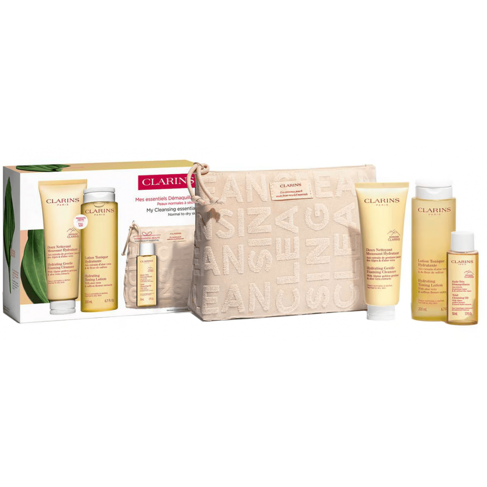Set Cadou Clarins Cleansing Essentials Normal Skin Demachiant Hidratant Spumant 125 ml + Loțiune Tonică Hidratantă 200 ml + Ulei De Curățare Totală 50 ml + Poșetă Clarins