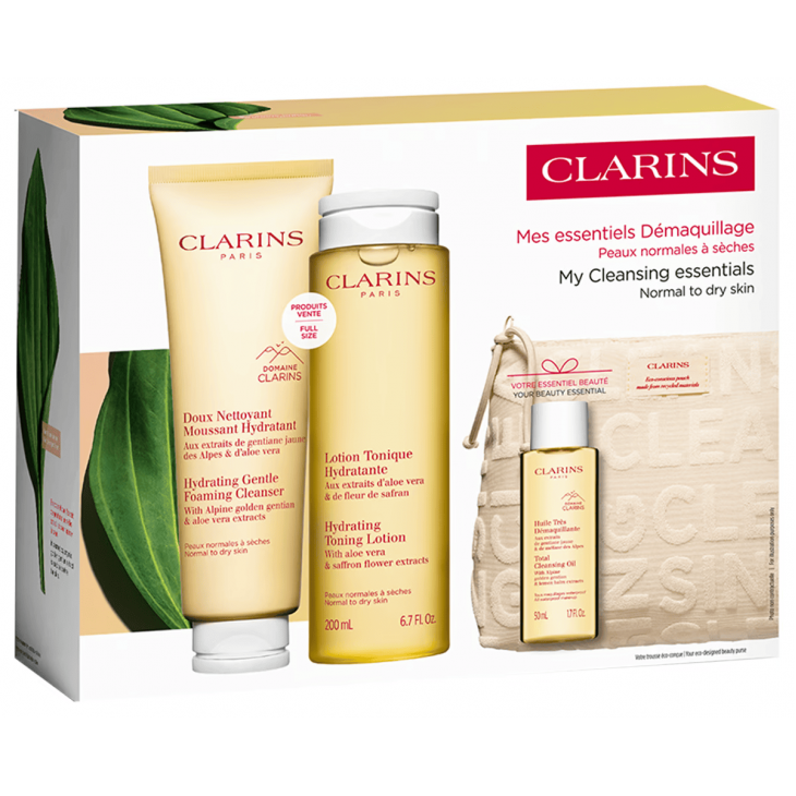 Set Cadou Clarins Cleansing Essentials Normal Skin Demachiant Hidratant Spumant 125 ml + Loțiune Tonică Hidratantă 200 ml + Ulei De Curățare Totală 50 ml + Poșetă Clarins