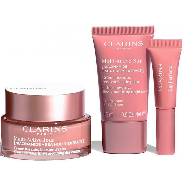 Set Cadou Clarins Multi-Active Cremă De Zi Multi-Activă 50 ml + Cremă De Noapte Multi-Activă 15 ml + Perfectiator De Buze Natural #01 ROSE SHIMMER 5 ml