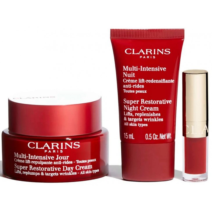 Set Cadou Clarins Super Restorative Cremă De Zi Super Reparatoare 50 ml + Cremă De Noapte Super Reparatoare 15 ml + Ulei De Confort Pentru Buze #03 CIREȘE  1.4 ml