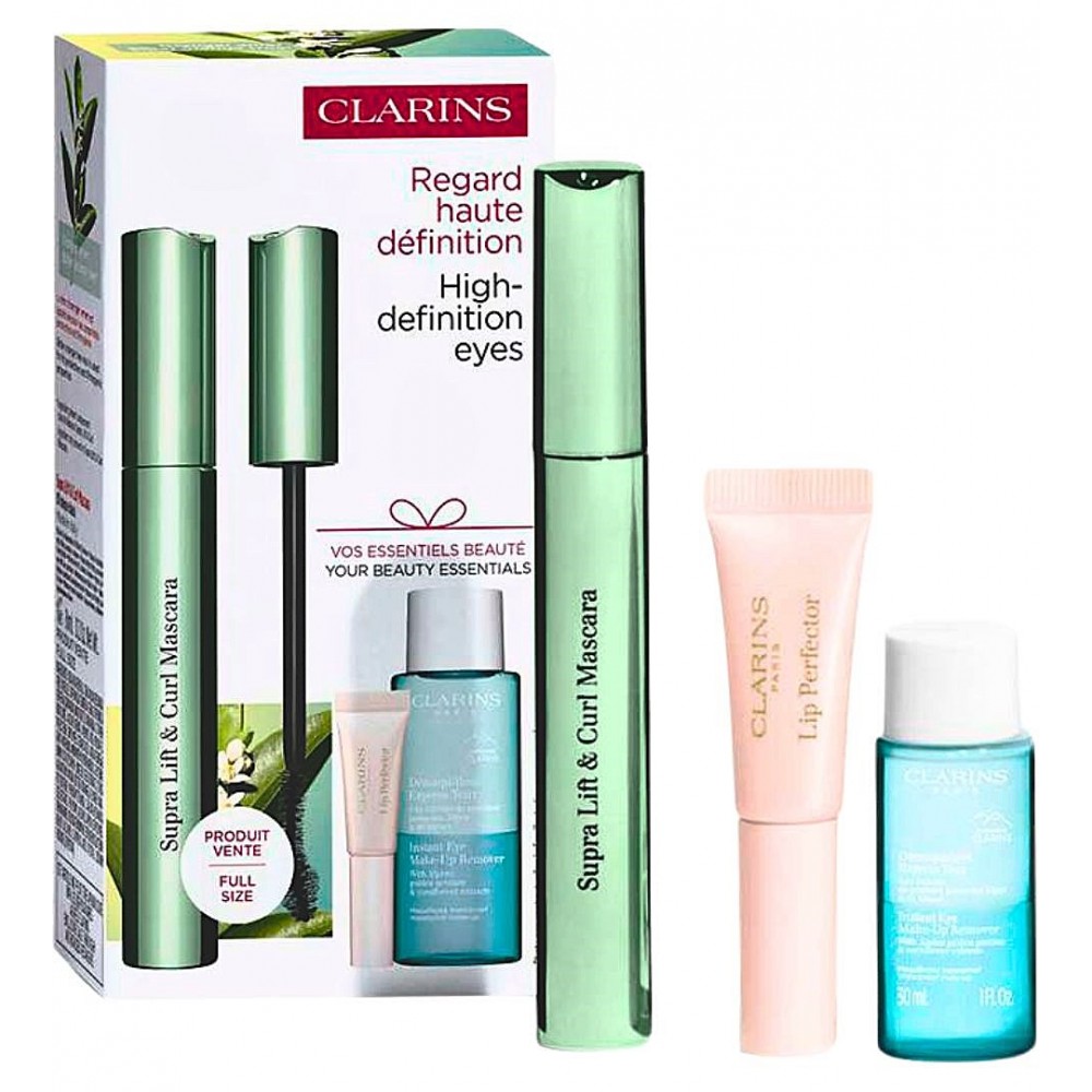 Set Cadou Supra Lift & Curl Value Pack 2025 Rimelul Clarins Supra Lift & Curl #01 Negru 8 ml + Perfecționer Natural Lip Perfector 5 ml + Demachiant Instant Eye 10 ml