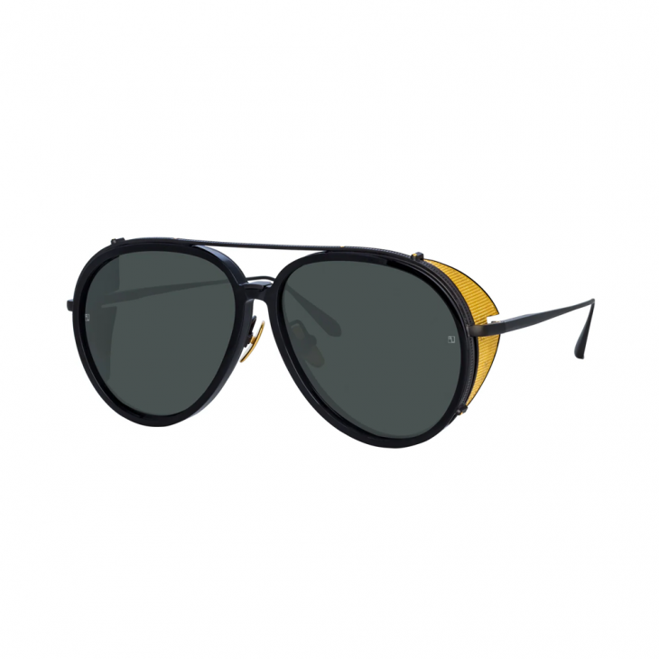 Linda Farrow MAVERICK – Ochelari de soare Unisex, Negru & Auriu, Aviator, Acetat & Titan