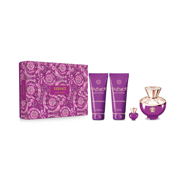 Set Cadou Versace Dylan Purple Pour Femme EDP 100 ml + Miniatură EDP 5 ml + Gel de Duș 100 ml + Loțiune de Corp 100 ml