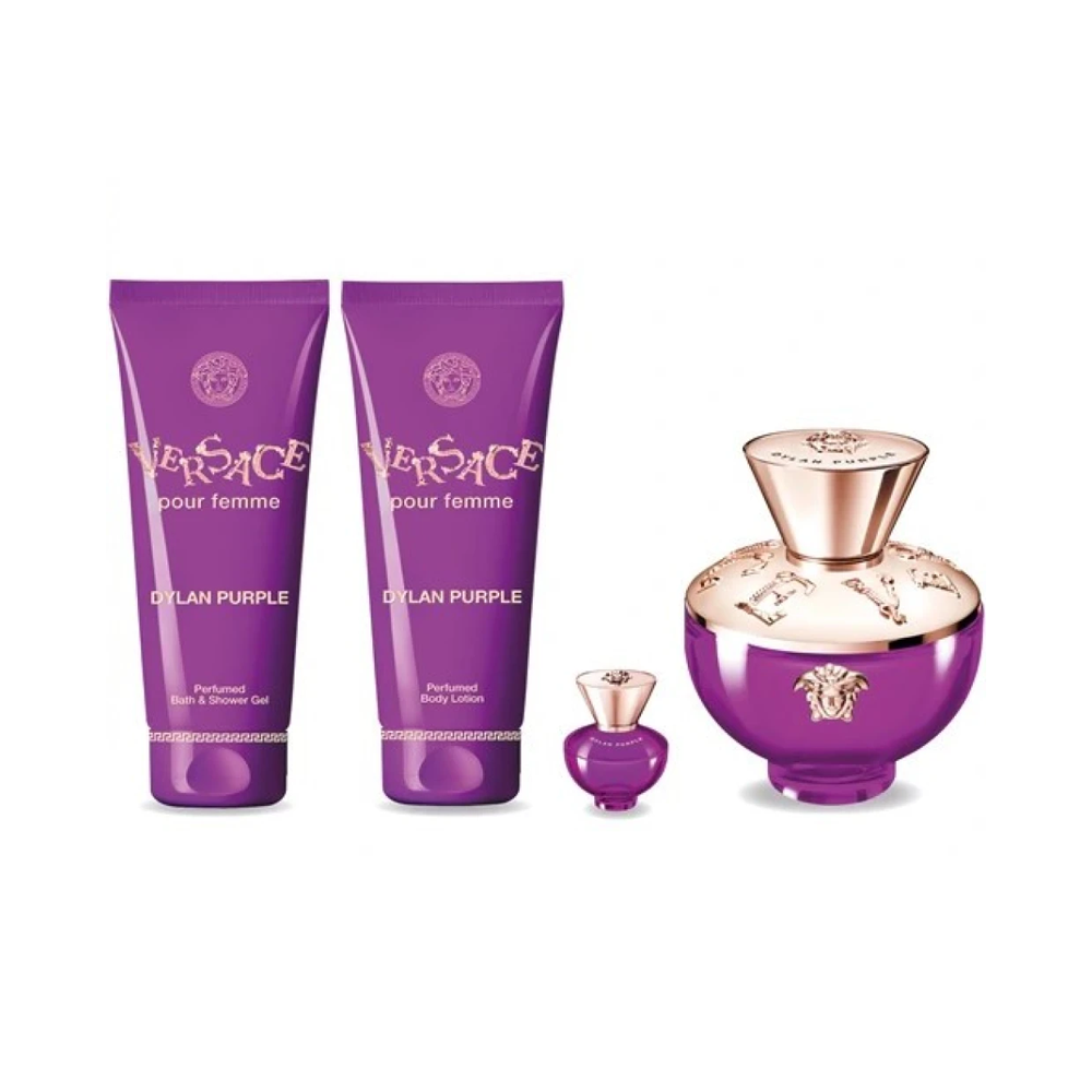 Set Cadou Versace Dylan Purple Pour Femme EDP 100 ml + Miniatură EDP 5 ml + Gel de Duș 100 ml + Loțiune de Corp 100 ml