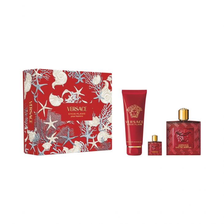 Set Cadou Versace Eros Flame Pour Homme EDP 100 ml + Spray de Călătorie 5 ml + Gel De Duș 150 ml